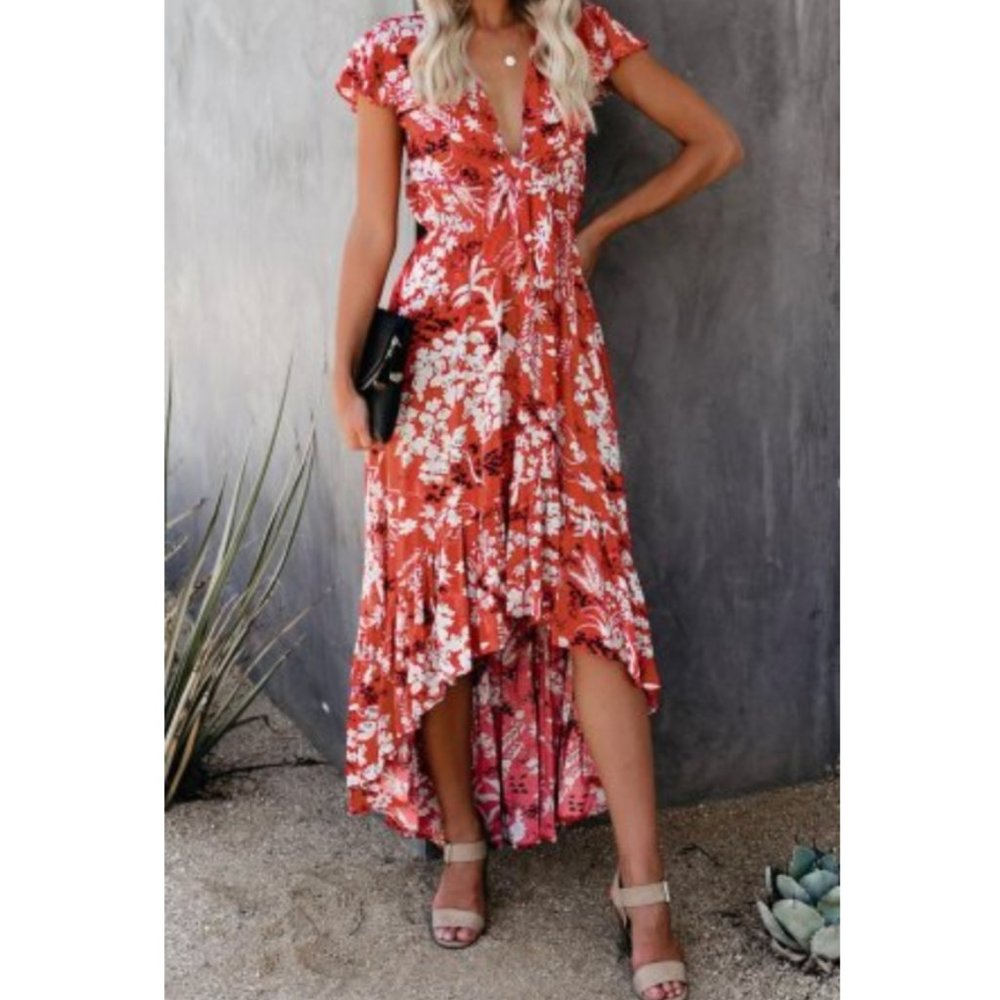 🚨SALE Red Floral Cut Out Hi-Lo Maxi Dress